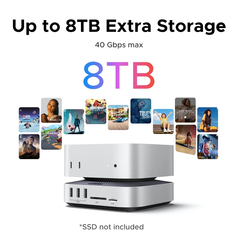 UGREEN 40Gbps 맥 미니 M4 도킹 스테이션 듀얼 타입-C to M.2 NVMe SSD 케이스 8K30Hz HDMI 10Gbps USB 데이터 포트 S…