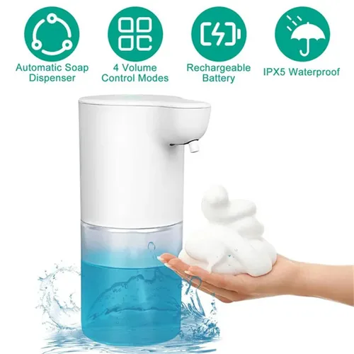 Imagen 1 del producto Dispensador automático de jabón de espuma recargable, manos libres sin contacto, IPX5, resistente al agua, volumen ajustable de 4 niveles, 350/600ML, 1 ud.