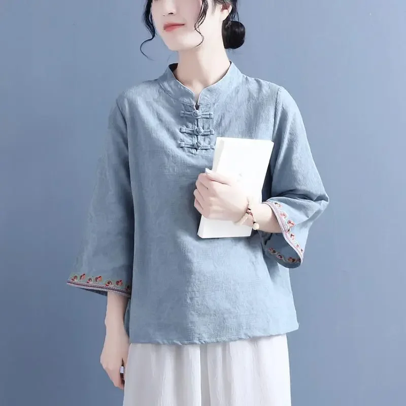 Cheongsam Women's Plus Size Tops 2025 Summer Cotton Blend Splicing Embroidery Stand Collar Chinese Style Qipao Shirts Woman