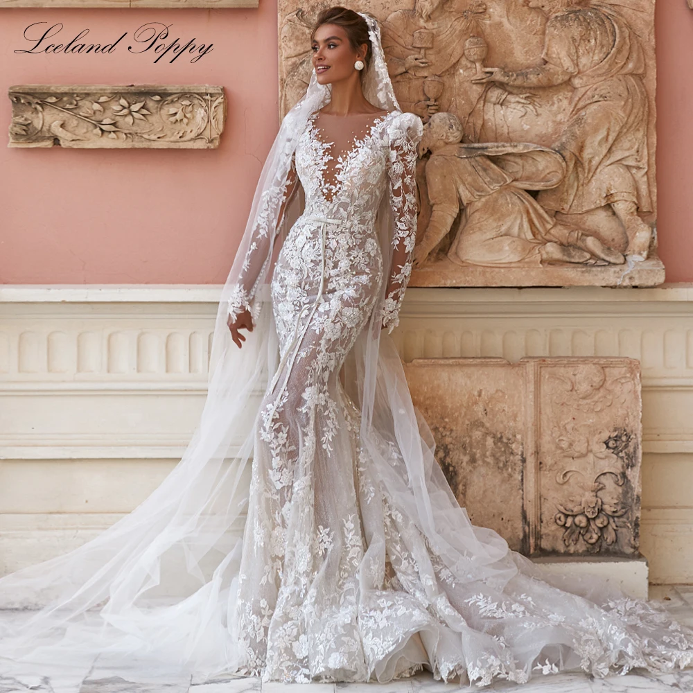 Lceland Poppy Customized See Through Lace Mermaid Wedding Dresses Full Sleeves Beaded Bridal Gowns with Court Train