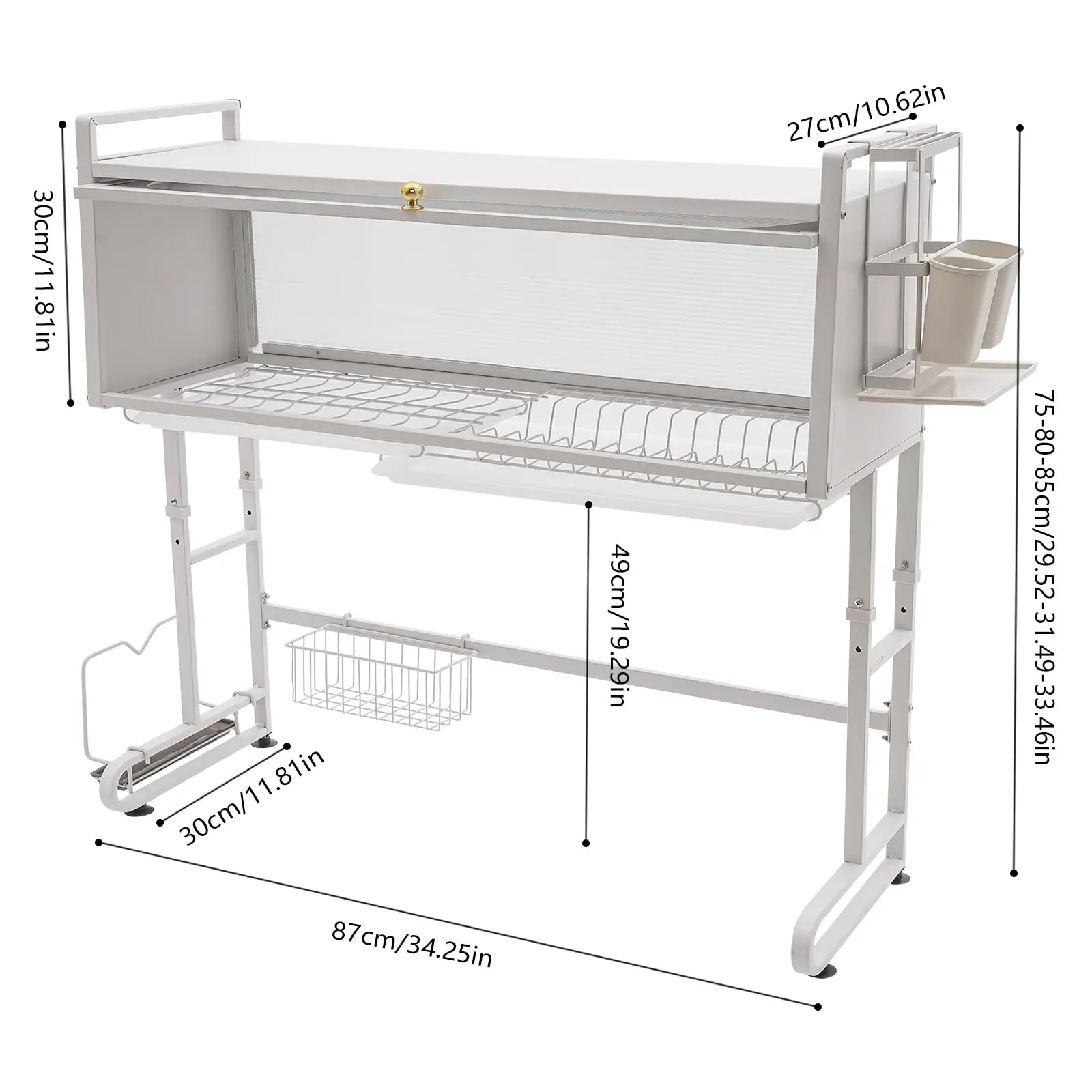 Estante para secar platos sobre el fregadero, estante para platos de altura ajustable con puerta abatible, estante para secar platos sobre el mostrador para fregadero de cocina, blanco