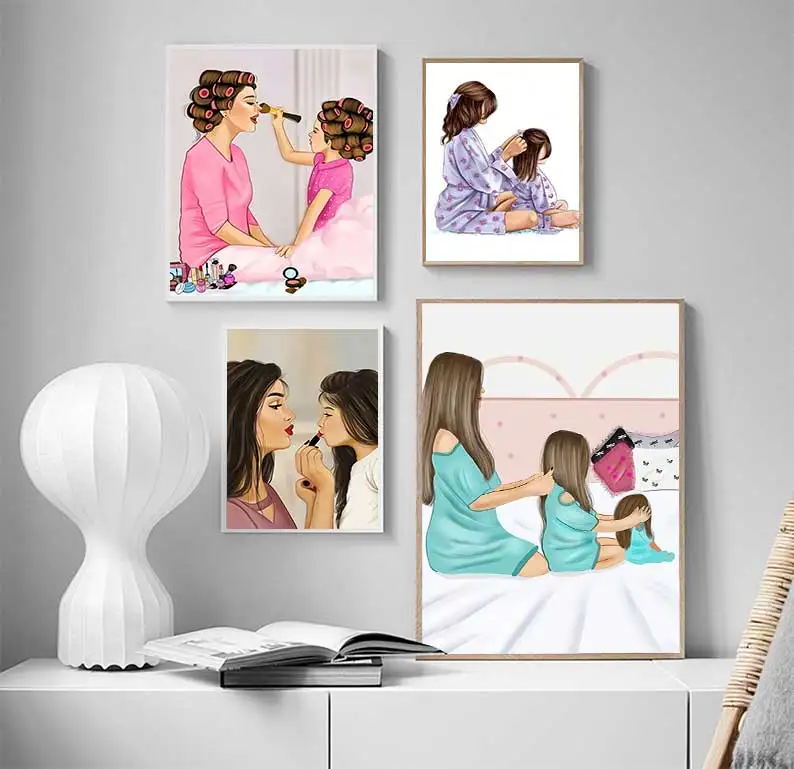 Mother Daughter Make Up Poster Family Canvas Painting Lovely Prints Wall Art Pictures for Kids Girl Bedroom Decor Frameless