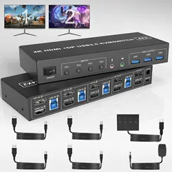 4 Port HDMI+DP Monitor Switch for 4 PCs 2 Monior ,4K Dual Monitor KVM Switch with Audio Microphone Output and 3 USB 3.0 Ports,