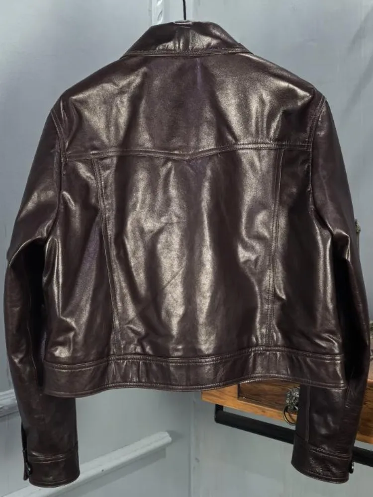 Modna, ręcznie robiona kurtka z zamkiem błyskawicznym, jednolity kolor, skóra naturalna, krótki płaszcz, najwyższa jakość, kołnierz, owcza skóra, długi rękaw, damski płaszcz biurowy.