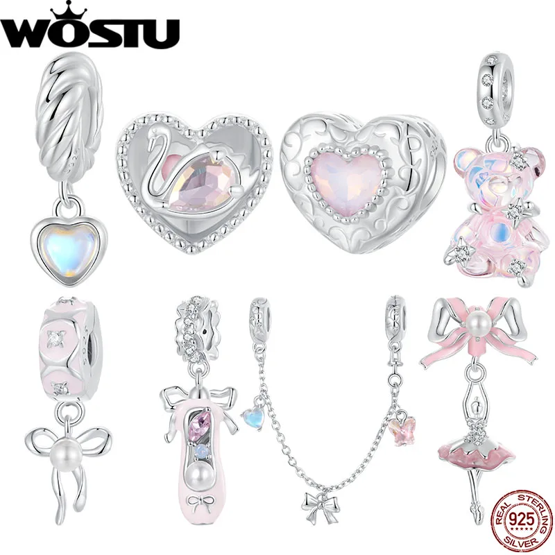 

WOSTU 925 Sterling Silver Pink Ballet Girl Charm Bow Safety Chain Dreamy Heart Bead Fit Original Bracelet DIY Fairy Tales Gift