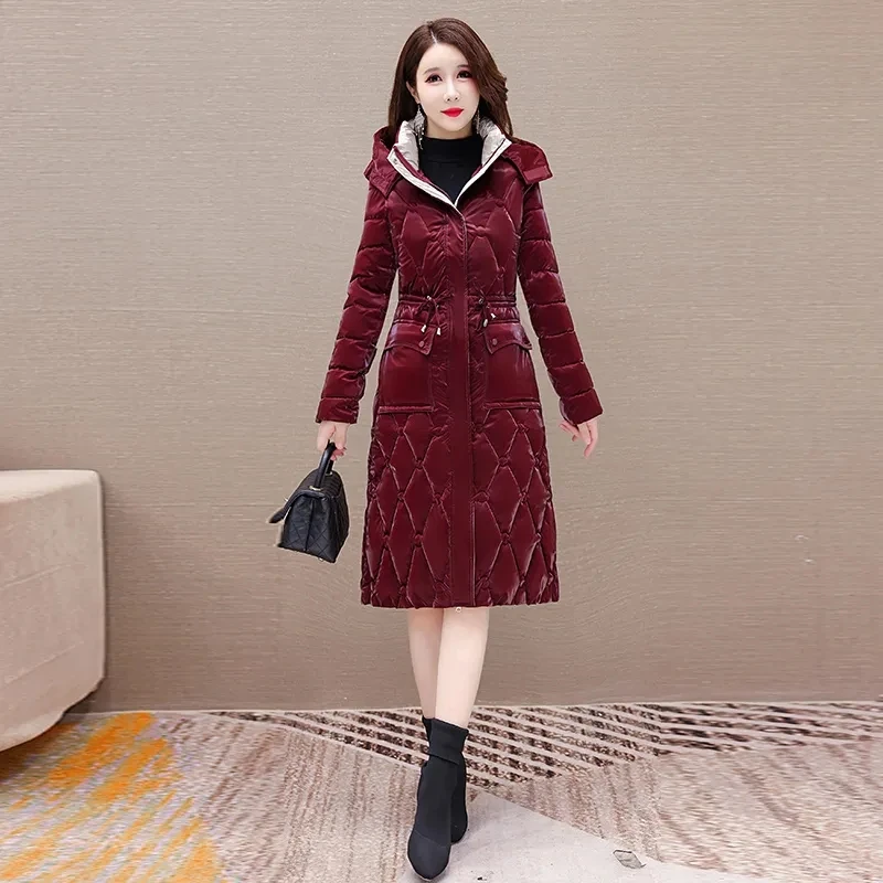 2024 Winter New Glossy Down Cotton Jacket Women\'s New Slim Thicken Hooded Coat Fashion Female Long Warm Padded Parkas Overcoat