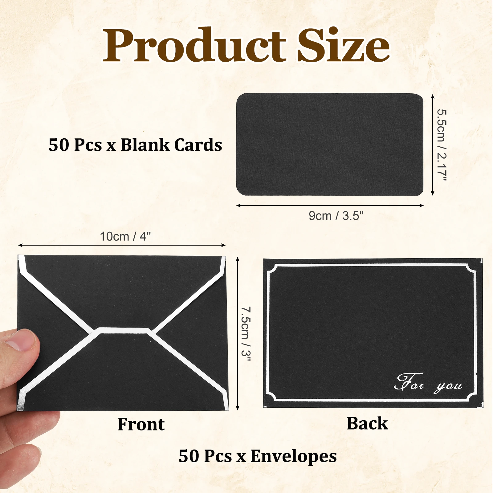 50Sets Blank Greeting Cards and Mini Envelopes Silver Metallic Foil Border Insertion Closure Thick Paper for Invitation Wedding