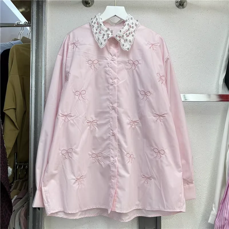 

2025 Blusas Mujer De Moda Blouses For Women Long Sleeve Bow Embroidery Loose Shirts Fashion Single Breasted Blouse Tops