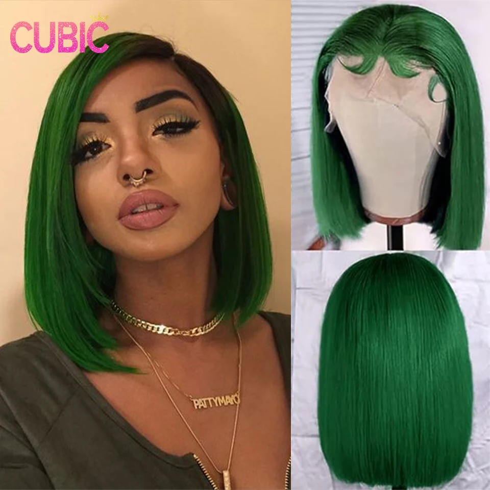 CUBIC Pure Green Short Bob Wig Transparent Lace Front Human Hair Wigs Brazilian Turquoise Colored 13x4 Lace Frontal Wig