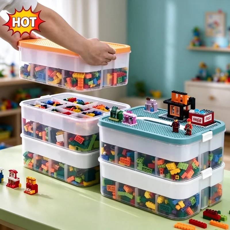 1/2 Layers Kids Toy Storage Box Adjustable Classified Container, Building Block Sundries Organizer for Children