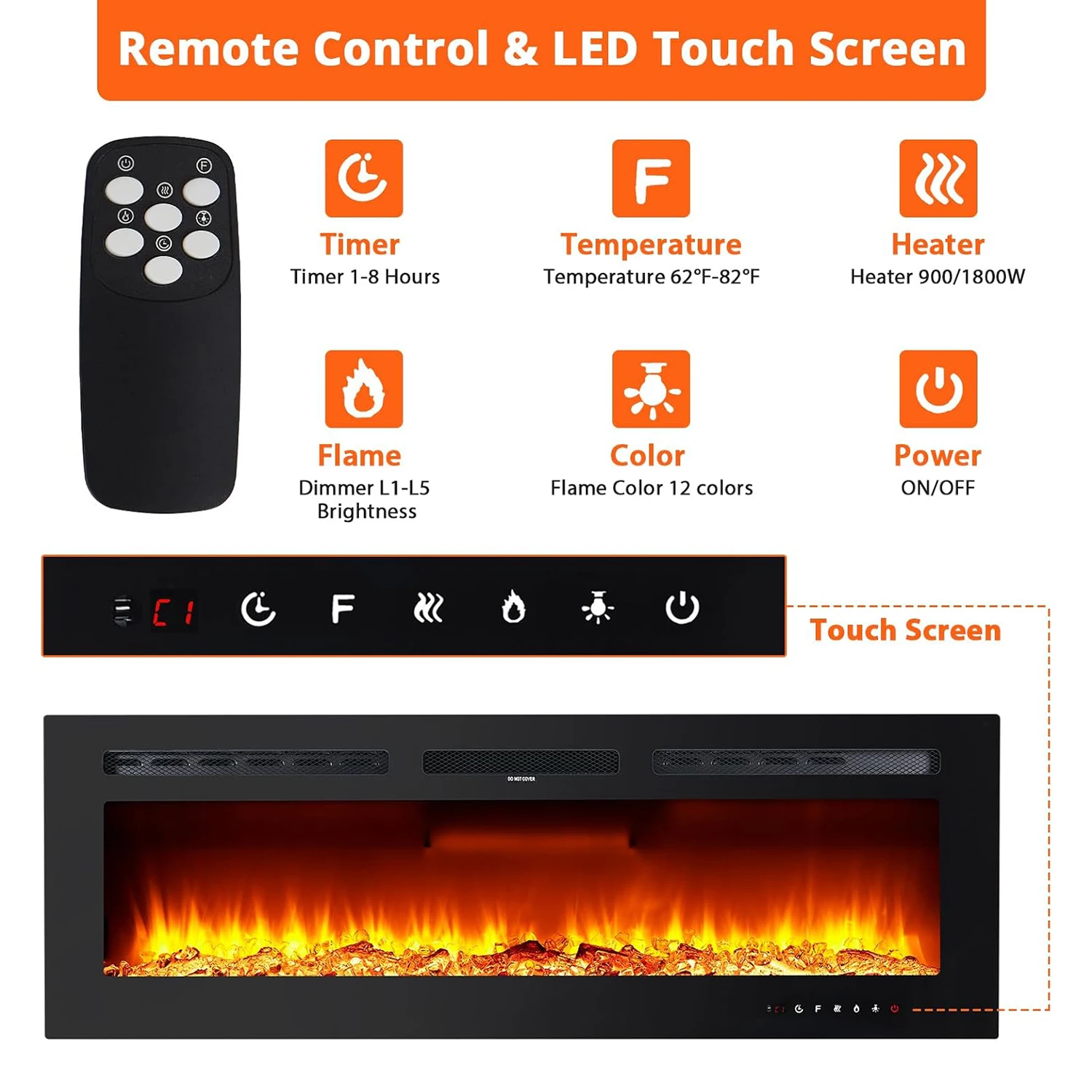 50 Inches 1800W Electric Fireplace Wall-Mounted with Flame Effect Remote Control 12 Color Background Light and Side Light, Black