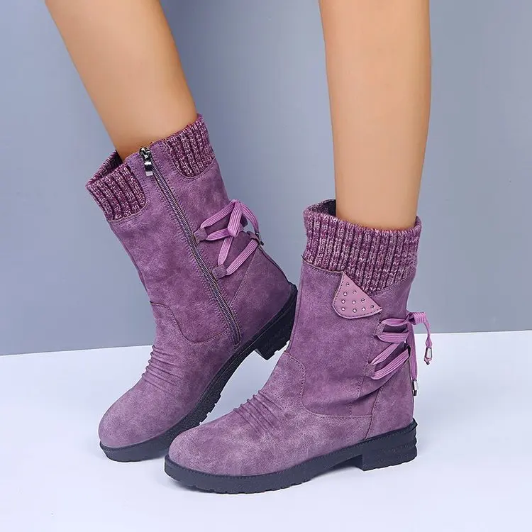 Botas Vintage plisadas con correa de tacón grueso y tubo mediano para mujer, Otoño e Invierno