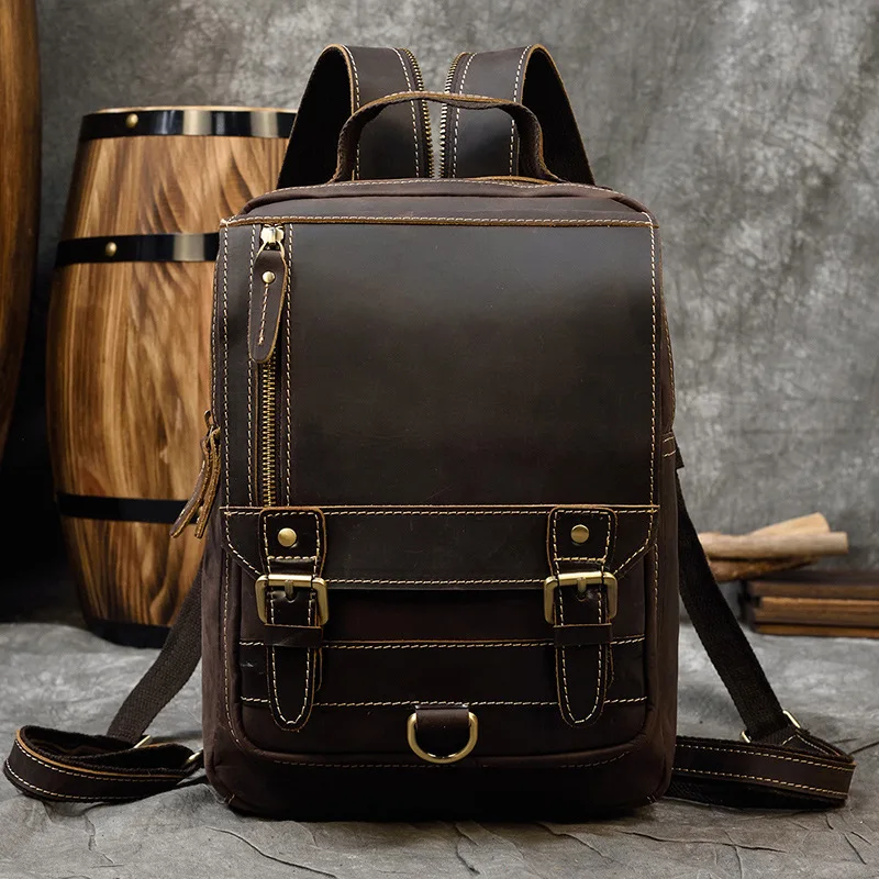 

Vintage men's leather Crazy Horse leather high capacity handcrafted 14-inch laptop travel shock-absorbing breathable backpack