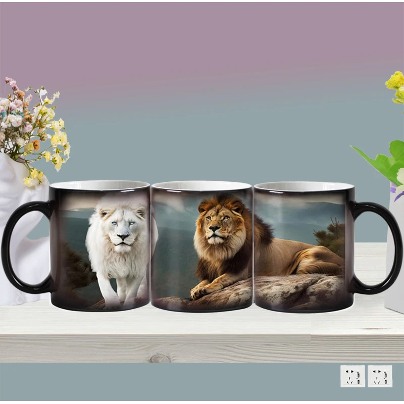 Dropshipping Coffee Mugs Creative Animals Lion Tiger Color Changing Milk Tea Cup Ceramic Magic Heat Sensitive Mug Dad Gifts