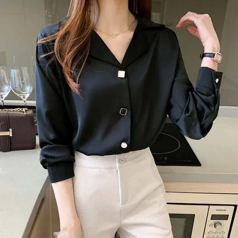 

Women's Solid Lapel Buttons Chiffon Blouse, Loose Casual Shirt,Korean Trendy Design, Black Straight Top, Elegant, Spring, Autumn