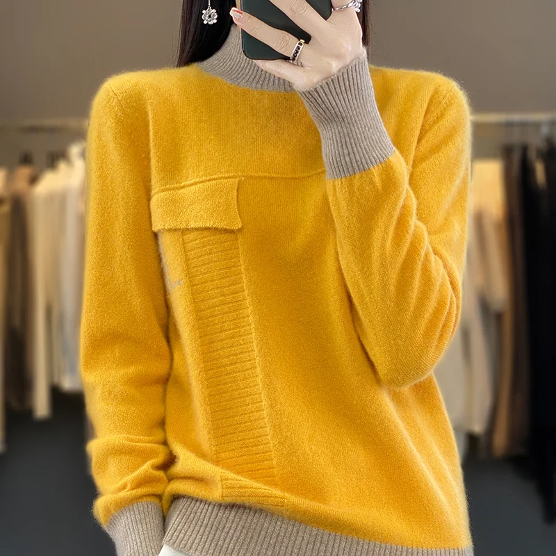 Autumn/Winter 2023 New 100% Merino Wool Women\'s Clothes Half High Collar Contrast Sweater Knit Pullover Long Sleeve False Pocket