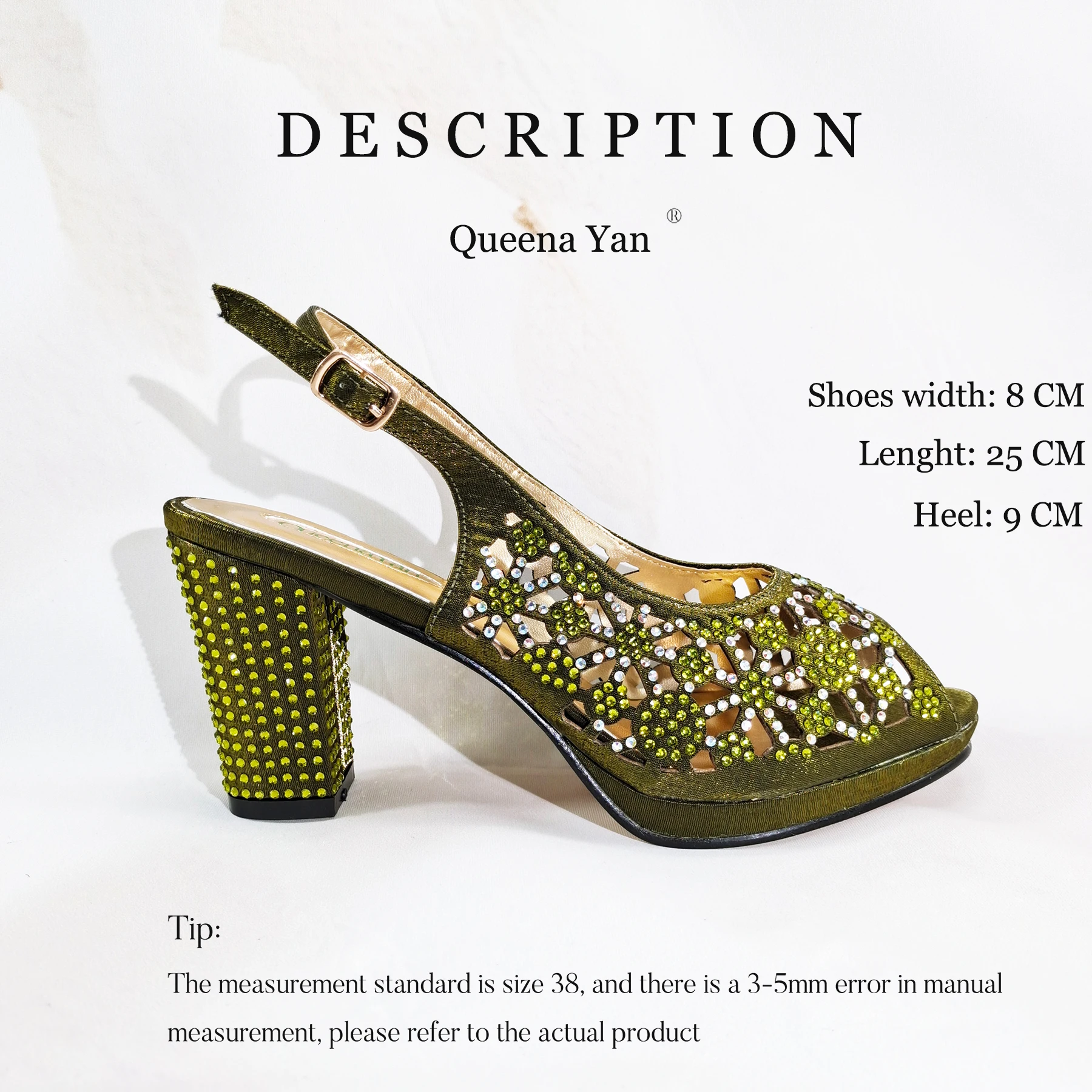 Queena Yan Popularity Olive Color Rhinestone Decoration Design Peep Toe Party Wedding Women High Heels and Bag Set