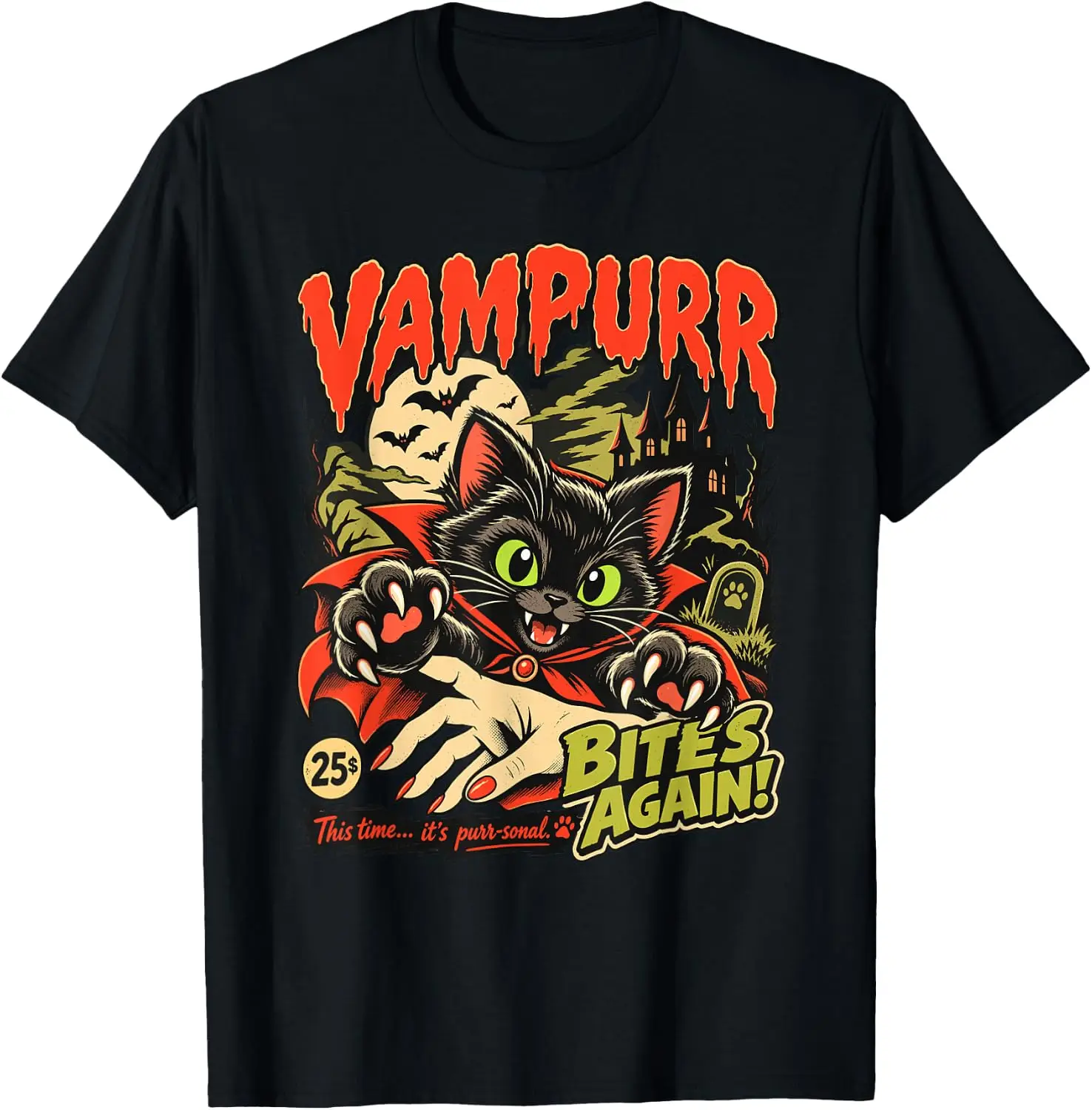 Vampurr Bites Again Halloween Vampire Cat Lovers Men Women T-Shirt vintage style tee  boxy fit tee black graphic tee 100% cotton men