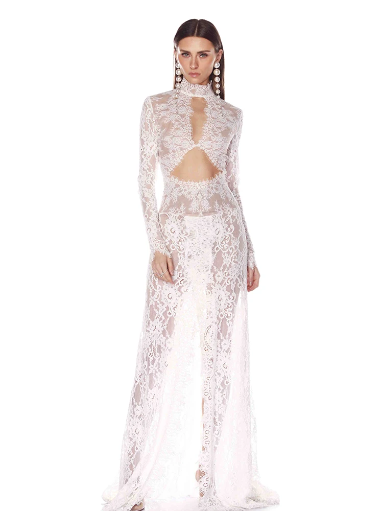 Abito lungo da donna con taglio maxi in pizzo Abito da mattina da sposa sottile con spacco alto sexy senza schienale e maniche lunghe con scollo a V profondo