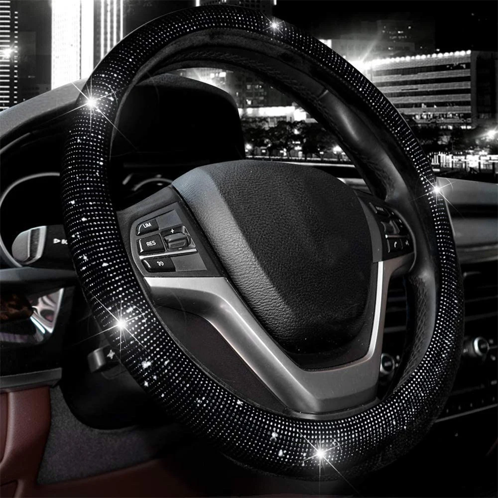 14.5-15 Inch Rhinestones Steering Wheel Cover with Crystal Diamond Sparkling Car Breathable Anti-Slip Steering Wheel Protector