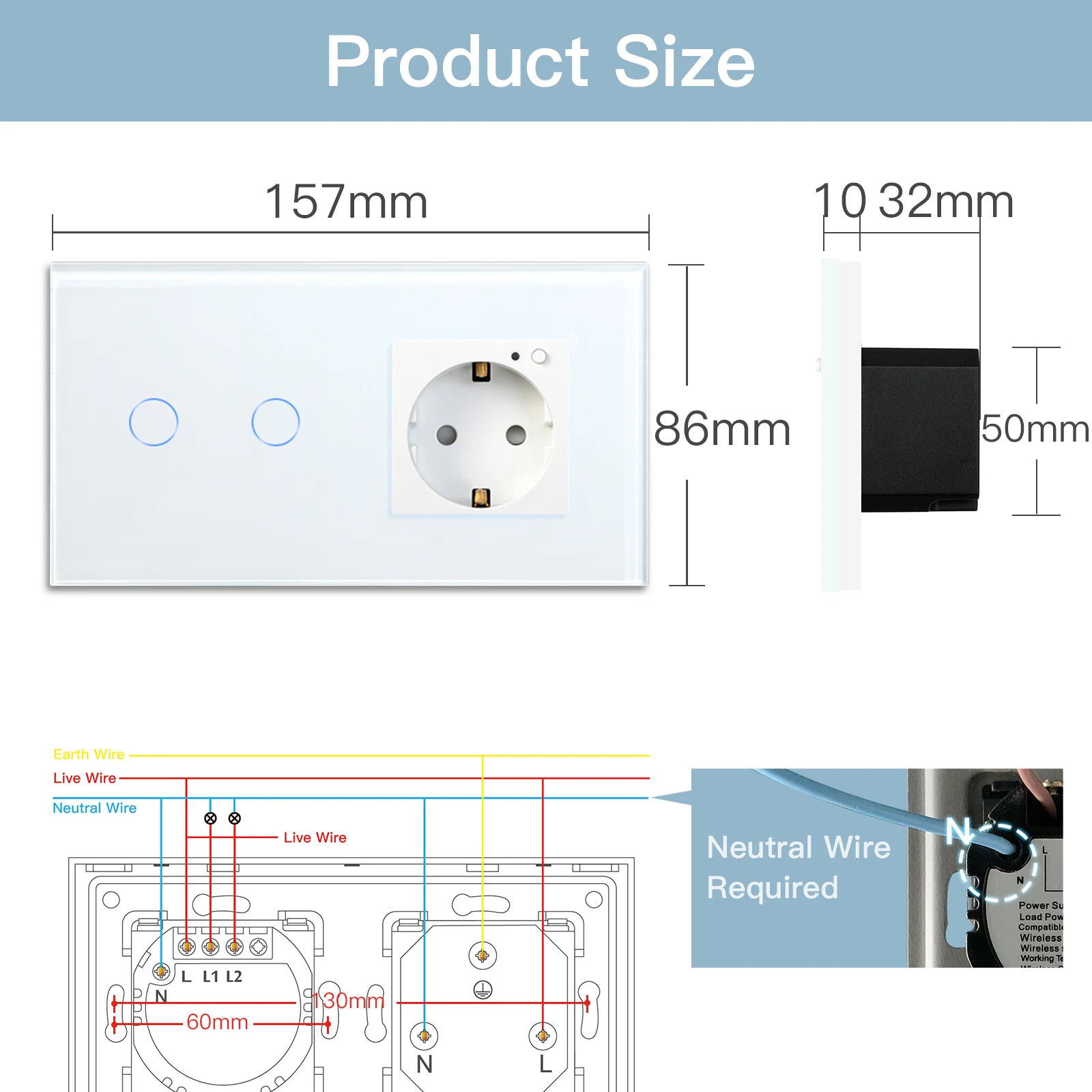 WIFI Touch Light Switch 1/2/3Gang 1/2/3way Smart Wall Socket Google Alexa Smart Life APP Touch Screen Switch EU Socket White