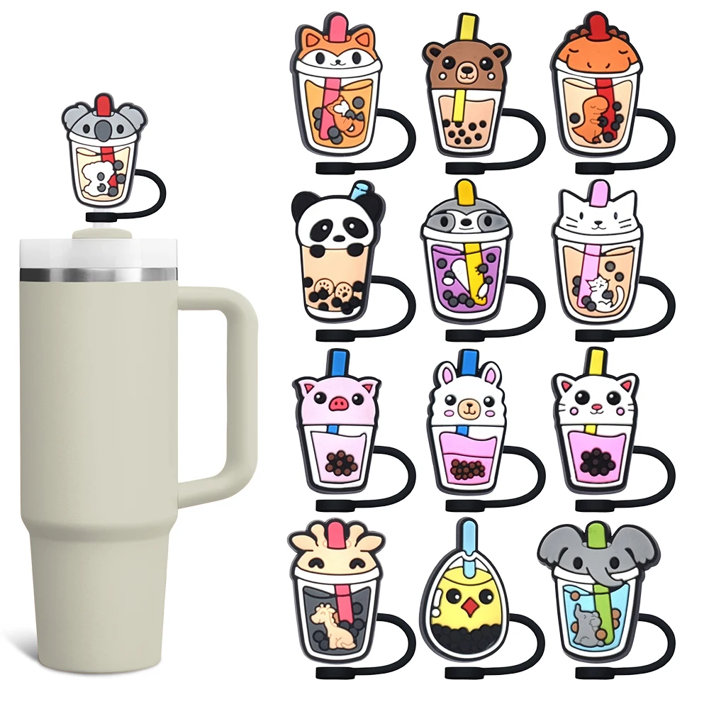 Milk Tea Cup Cute Cartoon Straw Cover Cap 10MM Eco-friendly Straw Plug Splash Proof Drinking Cup Charms Pendent Home Party Gift