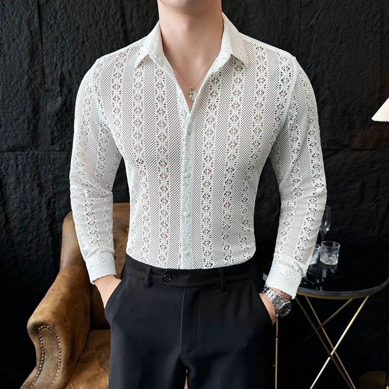 

Sexy Lace See-through Slim Men Shirts Autumn Spring Lapel Long Sleeve Male Dress Shirt Club Prom Stage Hollow Mens Clothing 4XL