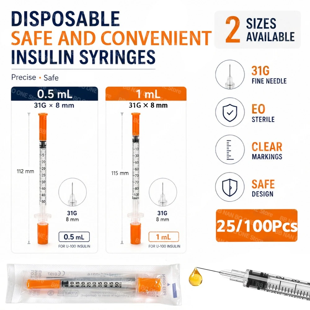 Sterile Disposable Syringes Set 0.5ml/1ml with 31G X 8mm Needle Individually Wrapped for Lab Pet Feeding & Measuring 25/100 Pcs