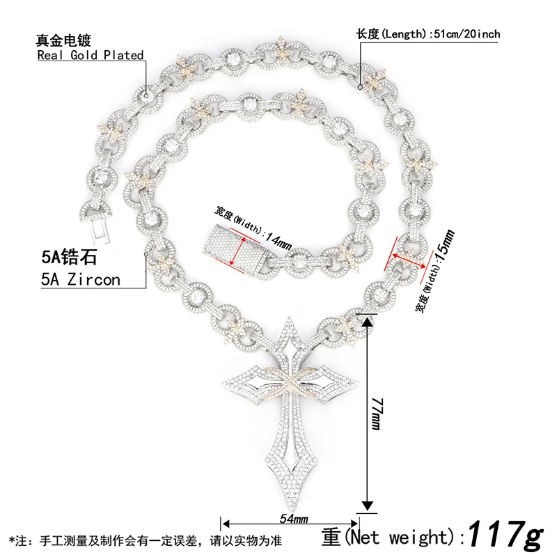 Hip Hop 5A+ CZ Stone Bling Iced Out Infinity Cross Pendant Link Chain Necklace for Men Rapper Jewelry Rose Silver Color