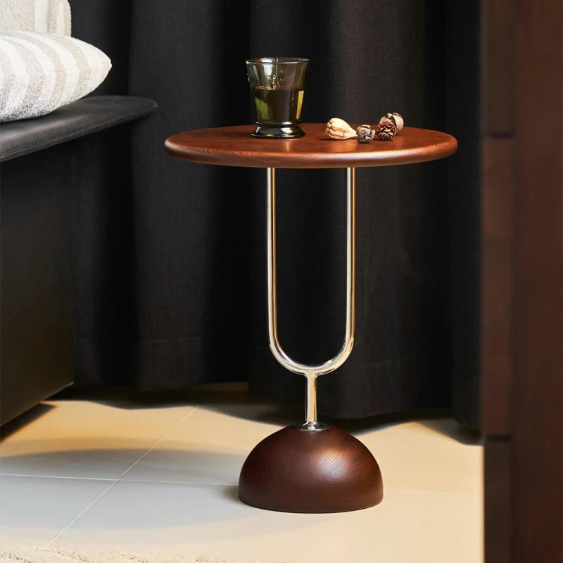 

French Retro Solid Wood Coffee Table with Stainless Steel Edge Small Balcony Light Luxury Bedside Table for Fashionable Bedroom