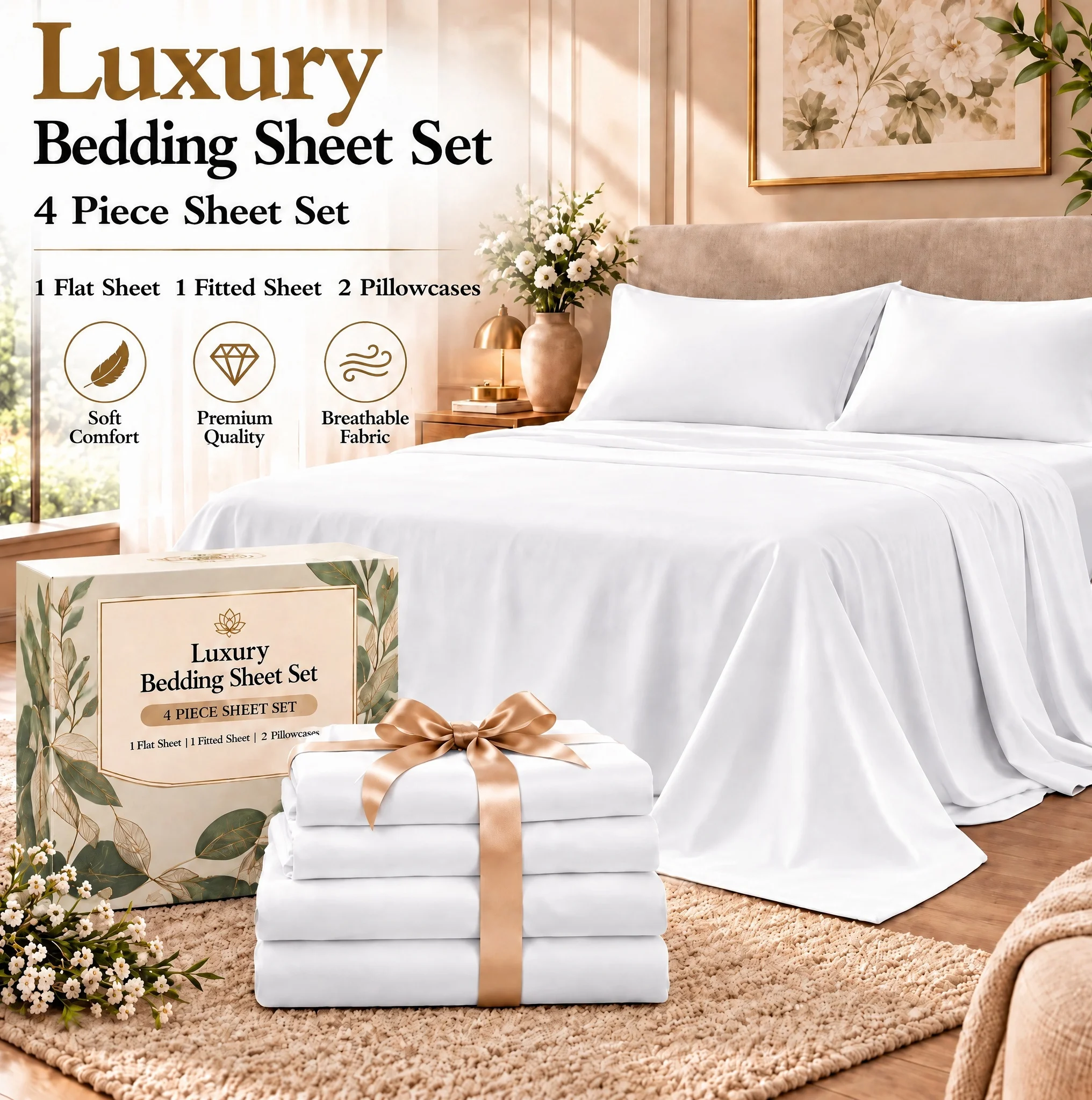 Plush Comfort 4-Piece Bed Linens Set, Deep Pocket Design, Wrinkle Resistant Bedding, All Season Bedroom Decor, Contains Fitted Sheet, Flat Sheet & Pillowcases, Multiple Sizes Available