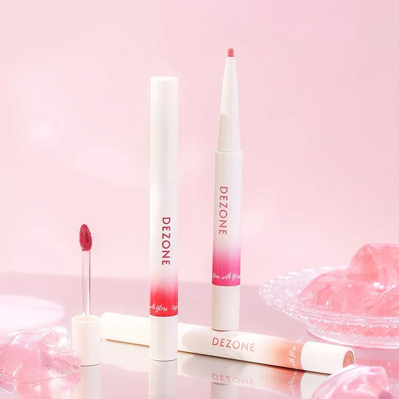 DEZONE Dual-ended Glossy Lip Glaze Mirror ลิปสติก Liquid Lip Liner Non-Stick Lip Pencil Moisturizer เครื่องสําอางวิตามิน E