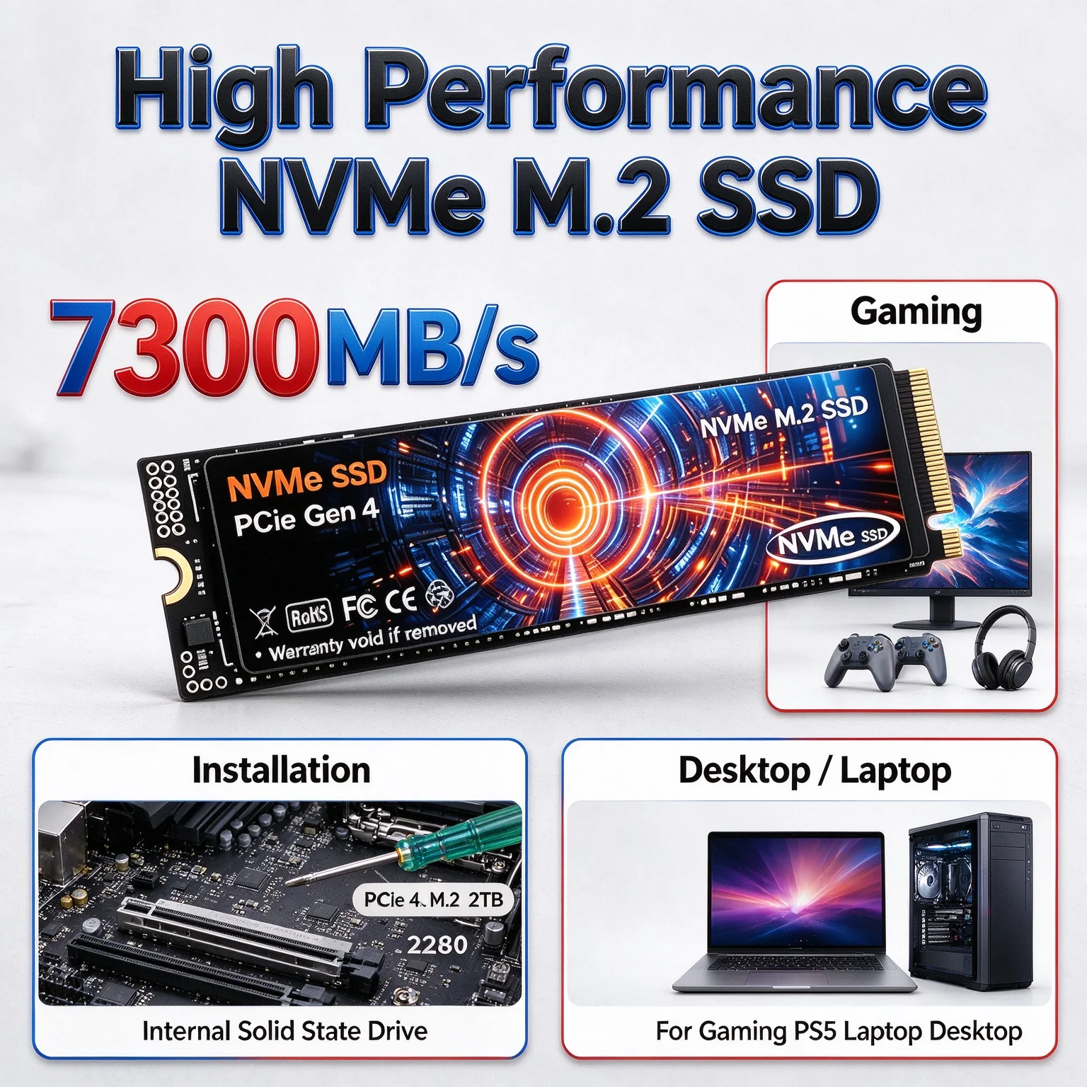 1TB 2TB 4TB Gaming Office Desktop Laptop System Upgrade GQ NVMe M.2 PCIe 4.0 SSD High Speed Internal Solid State Drive Media