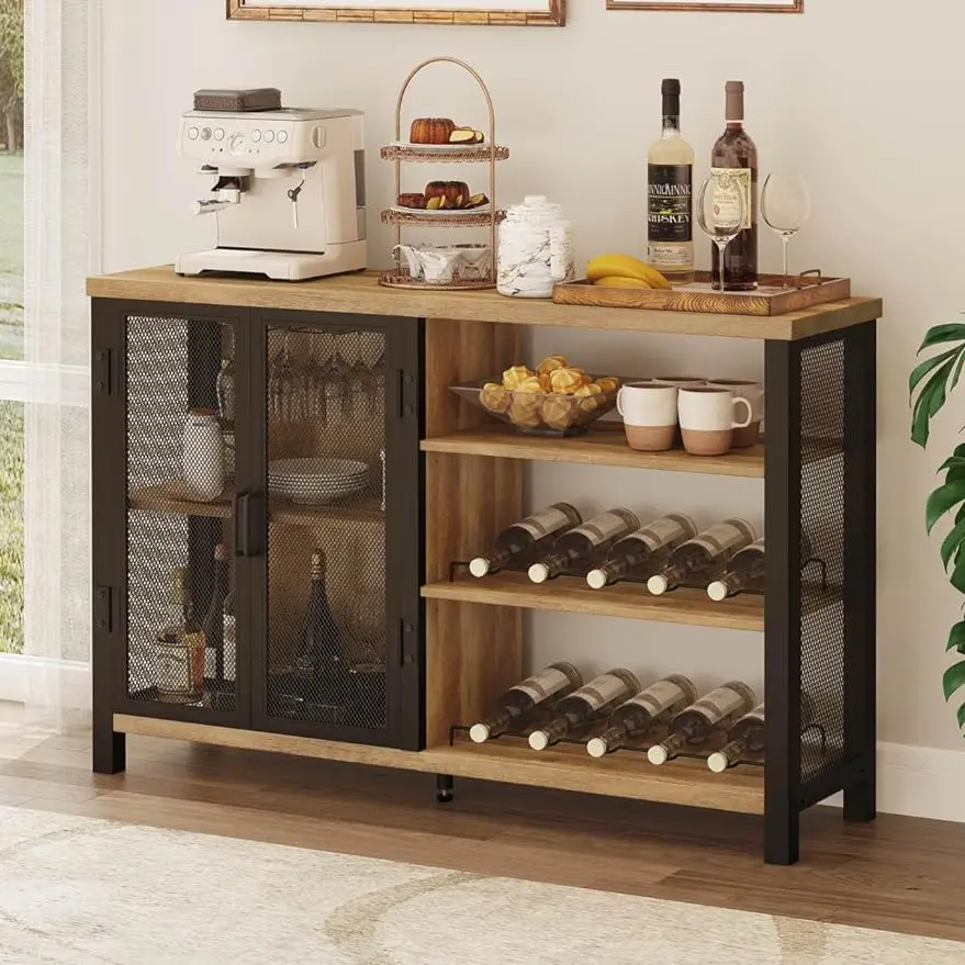 Bar cabinet with lockers, home industrial wine cabinet, buffet sideboard with wine rack and glass rack, Farmhouse Cafe Bar