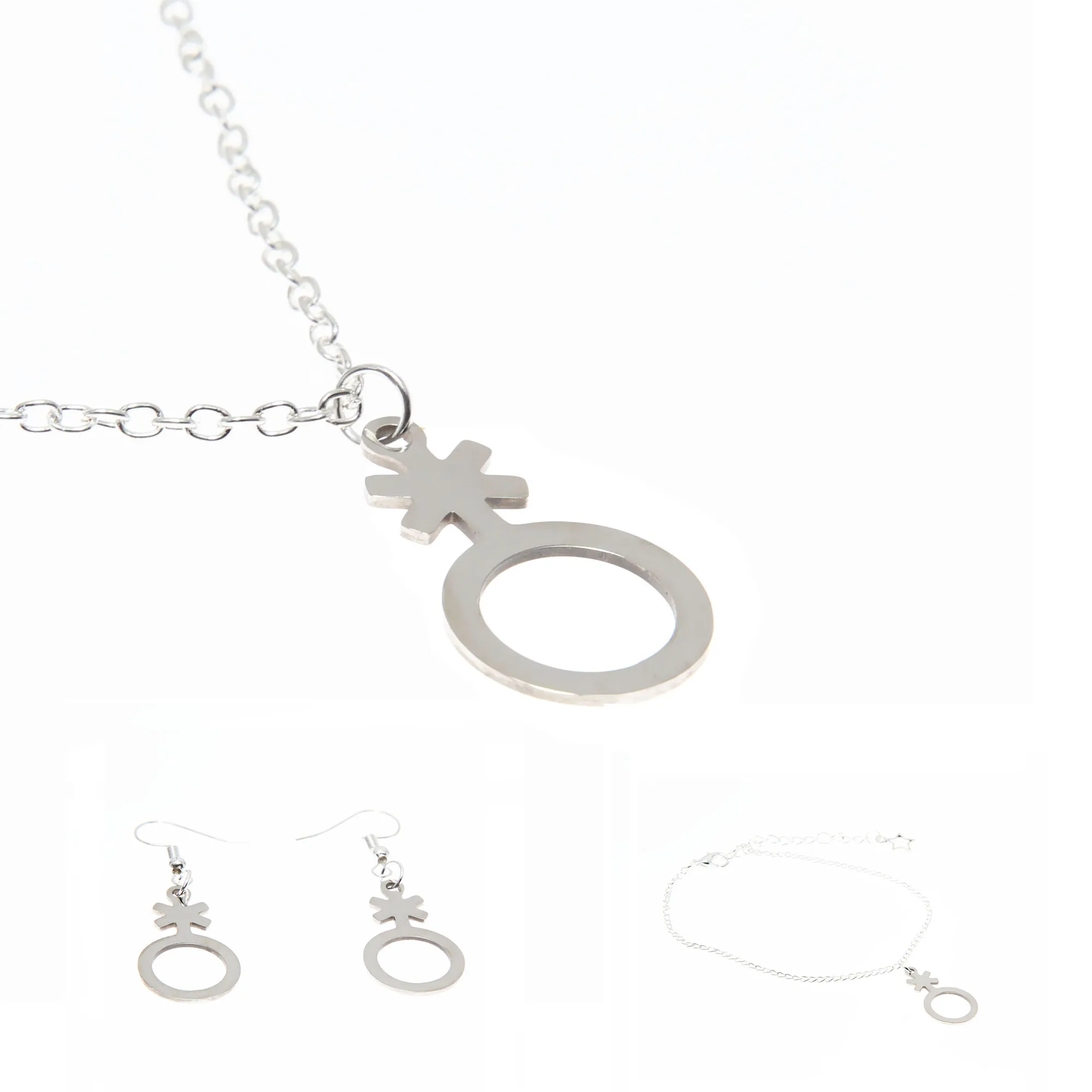 Non-Binary Symbol Silver Tone Necklace, Bracelet, and Earrings - Stylish Gender-Inclusive Jewelry Set