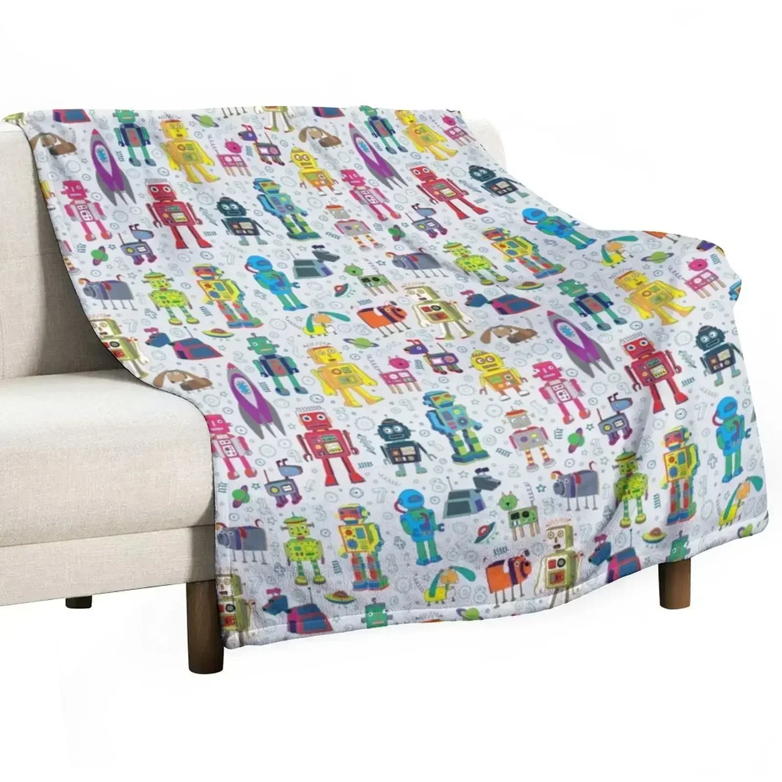 

New Robots in Space - grey - fun Robot pattern by Cecca Designs Throw Blanket Flannel Thin Extra Large Throw Blankets