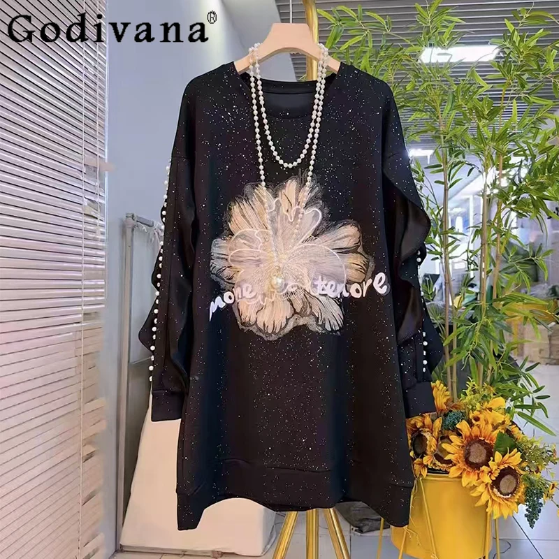 Primavera Autunno Moda Perline Fiore tridimensionale Felpa nera Dolce girocollo Allentato Versatile Top a maniche lunghe da donna