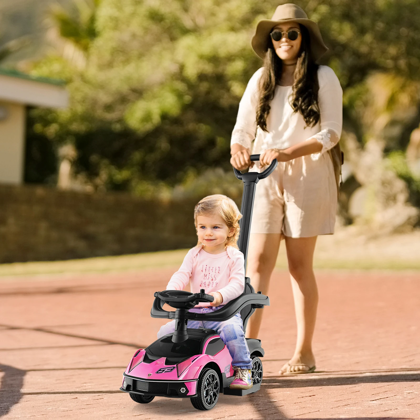 รถแลมโบกินีลิขสิทธิ์แบบ3ใน1ขี่ stroller mobil รถเลื่อนพร้อมเสียงสีชมพู