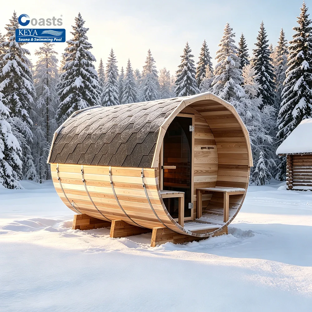 Advanced Insulated Outdoor Barrel Sauna Single Piece Red Cedar With Porch Rear Panoramic Glass ETL WiFi Europe Supply Pod