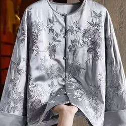 2025 Traditional Chinese Style Grey High Quality Flower Embroidery Loose Women Jackets Vintage Single Breasted Tangsuit Coats