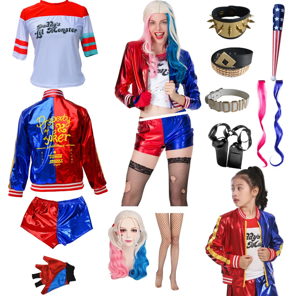 Disfraz de Halloween Suicidee para mujer, disfraz de escuadrón de Quinns Harlee, camisa de monstruo Joker para niñas adultas, chaquetas, pantalones para mujer, accesorios