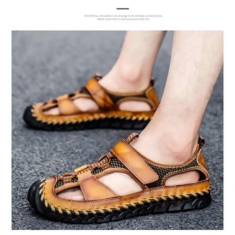 

Hot selling men's breathable sandals with leather patchwork mesh toe caps, summer outdoor trendy casual beach shoes