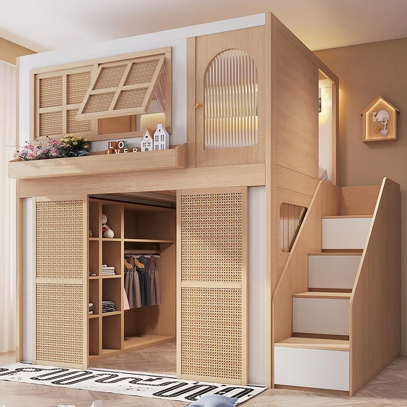 Log wind bed under cloakroom multi-function adult double layer does not take up space wardrobe bed combination