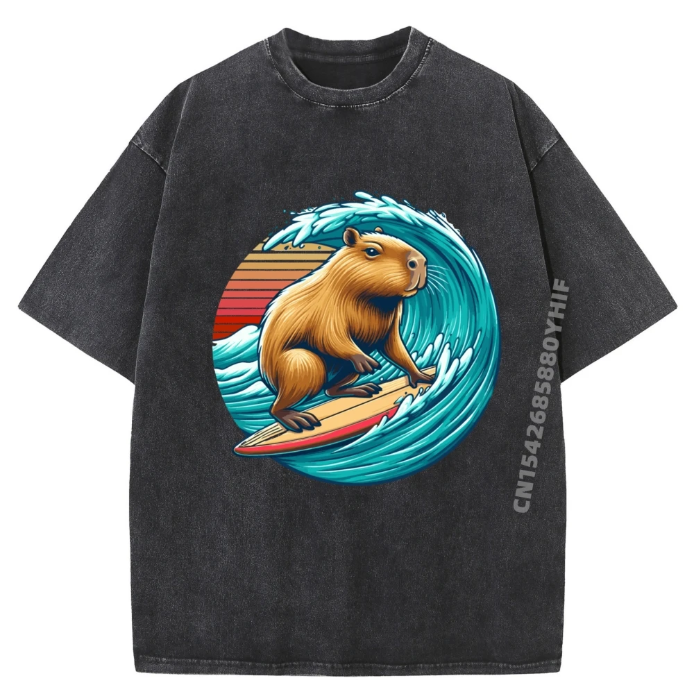 

Slogan Capybara Surfer Wave Funny Surf Printed T-shirts Women Tops & Tees Gift Idea Special Cotton Men Washed T-shirt