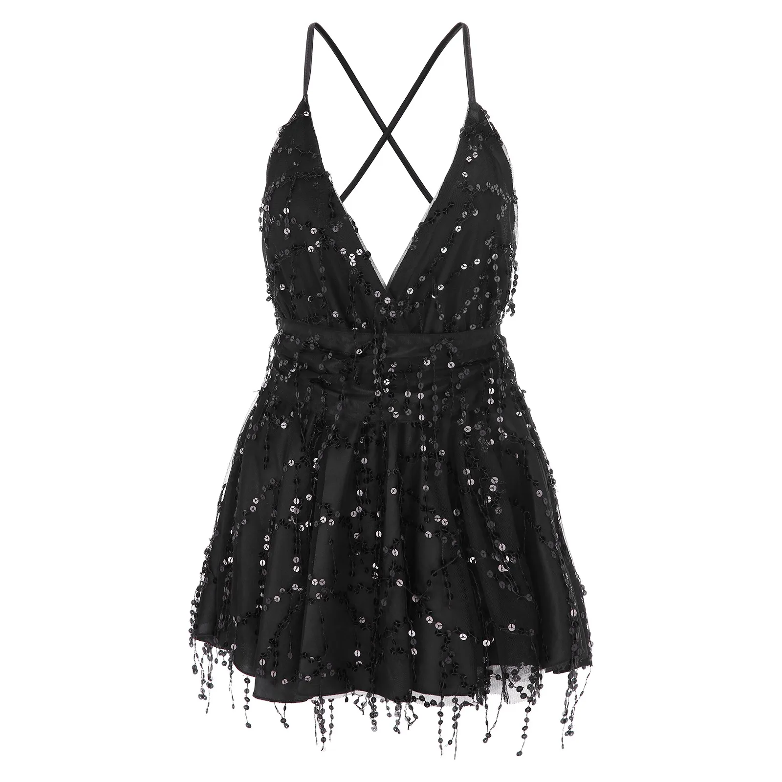 Fitshinling Deep V Neck Sequined Party Dresses Dance Wear For Women Chic Backless Sexy Mini Dress Slim Femme Costume