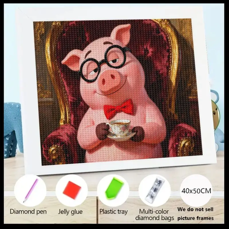 

1PC 5D DIY Diamond Painting Kit, Cute Cartoon Pig Animal Art with Glasses & Bow Tie, Elegant Tea Time Scene Full Drill Crystal G