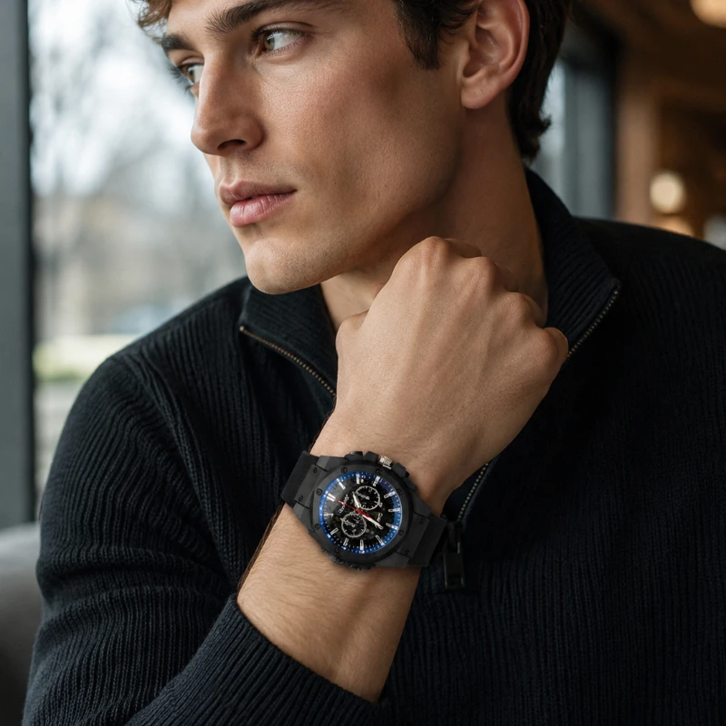 Men Sports Quartz Watch Hollow Skeleton Dial Chronograph Wristwatch Silicone Strap Male Business Casual Wrist Watch Gift for Men