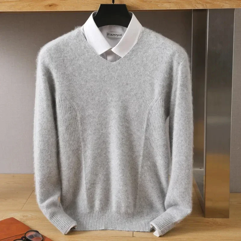 Monochrome V-Neck Cashmere Blouse for Men, 100% Mink Cashmere, Comfortable Pullover, Thickened Sweater, Autumn and Winter, New