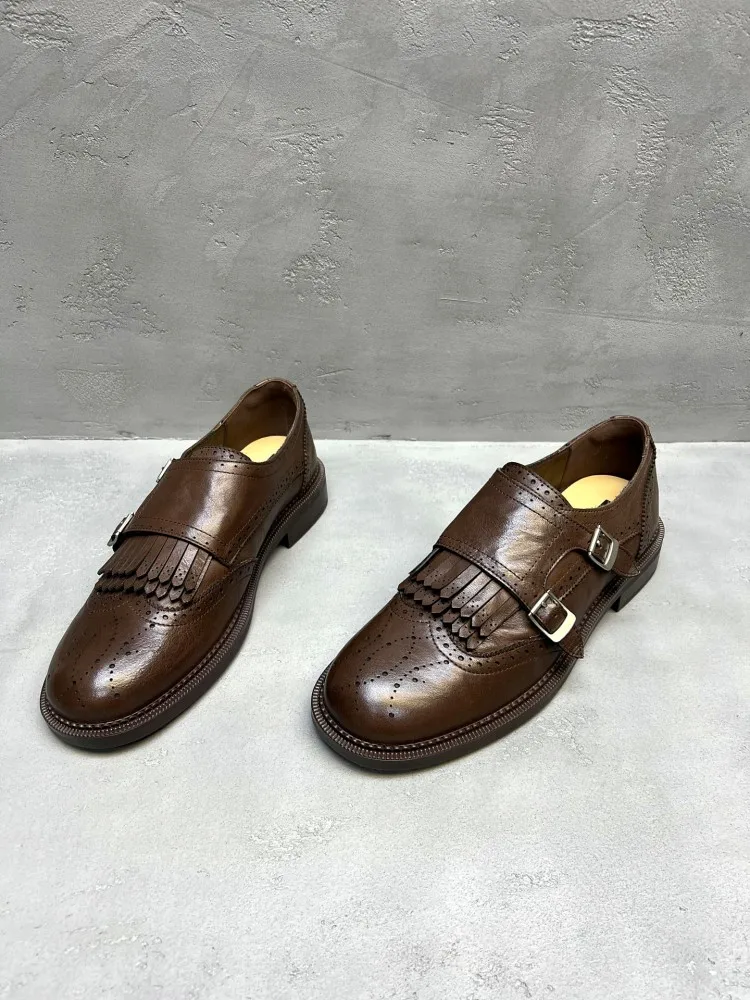 British Ladies Genuine Leather Chunky Heel Pumps Versatile Solid Color Cowhide Round Toe Buckle Strap Tassel Loafers Footwear