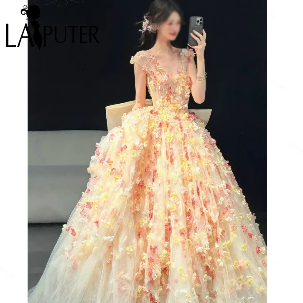 

Yellow Floral Ball Gown Prom Dresses V Neck Puffy A line Girl Evening Dress Box Pleat Back Big Bow Knot Cute Party Formal Dress